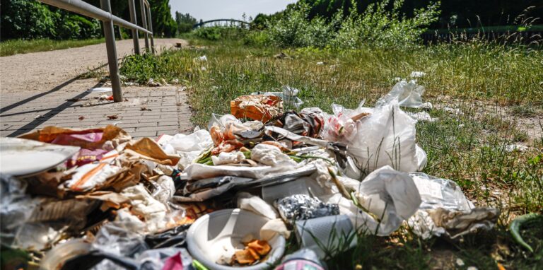 Regelmäßig sammeln sich am Dortmunder Kanal Müllberge. Mülleimer oder Container gibt es keine an den Grünflächen.