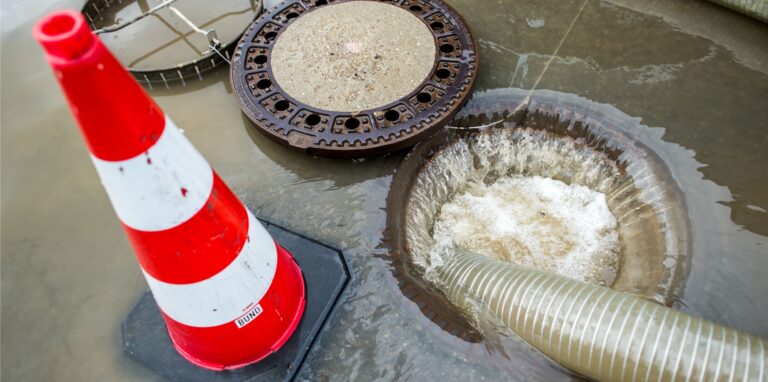 Ein geöffneter Gulli quillt auf einer Straße über. Die Anwohnerinnen und Anwohner, vor allem in Herten-Süd, hoffen, dass sie beim Unwetter diesmal glimpflich davonkommen.