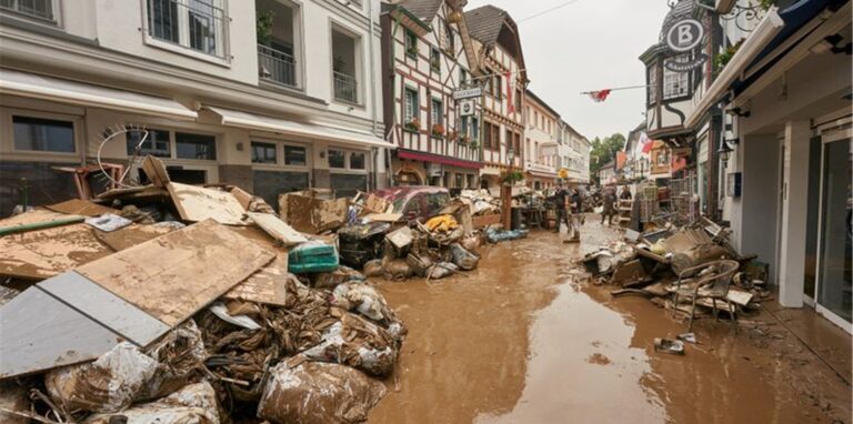 Eine Straße in Bad Neuenahr-Ahrweiler Mitte Juli nach der verheerenden Hochwassernacht. Foto: Thomas Frey/dpa