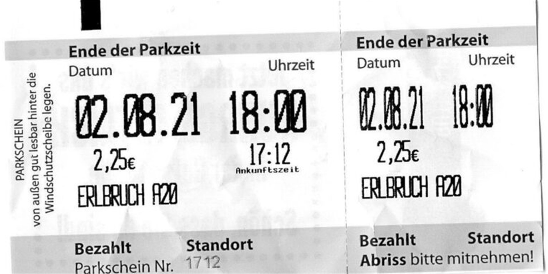 Der Beweisparkschein: Von 17.12 Uhr bis 18 Uhr wurden 2,25 Euro abgerechnet.