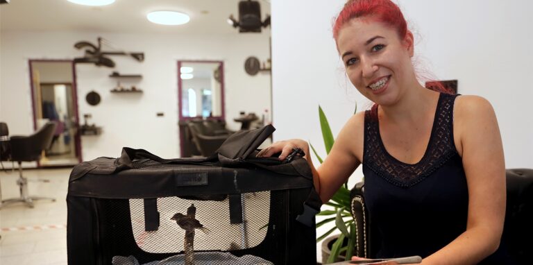 Futter gibt’s schon mal mit der Pinzette: Friseurmeisterin Denise Podgurski rettet kleine Wildvögel, hier hat sie einen Spatz zu Gast.