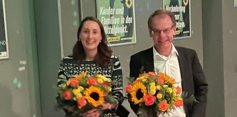 Der grüne Bundestagskandidat und Abgeordnete Markus Kurth, hier mit der zweiten grünen Direktkandidatin Prof. Anke Weber, konnte sich über seine persönlichen Wahlergebnisse und die seiner Partei im Stadtbezirk Innenstadt-West freuen.
