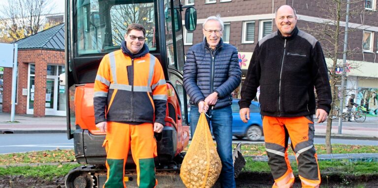 Der Hertener Bernhard Meis (M.) bepflanzt zusammen mit den ZBH-Mitarbeitern Sebastian Bauer (l.) und Andreas Hallmann (r.) den Kreisverkehr in der Innenstadt.