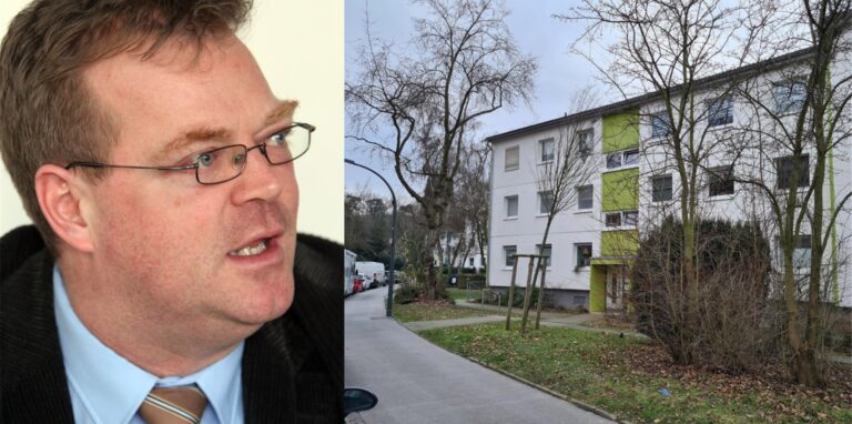 Staatsanwalt Henner Kruse (l.) berichtet über die Hintergründe der Tat, die sich im rechts zu sehenden Haus in Löttringhausen zugetragen hat.