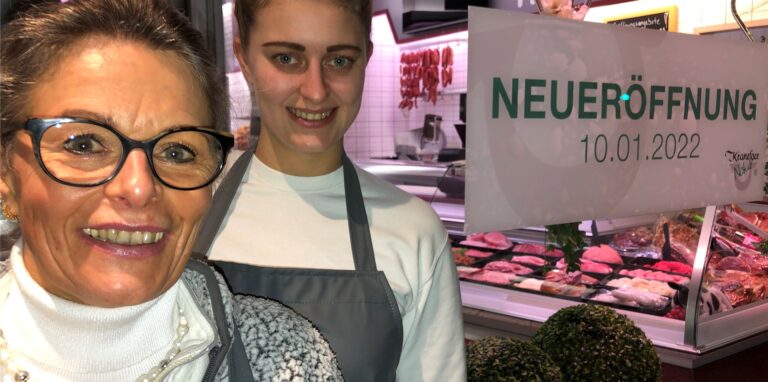 Claudia (l.) und Annabell Kranefoer bei der Eröffnung ihrer Fleischerei in Obercastrop an der Bochumer Straße am 10.1.22. Kranefoer ist Nachfolger von Willi Bols.