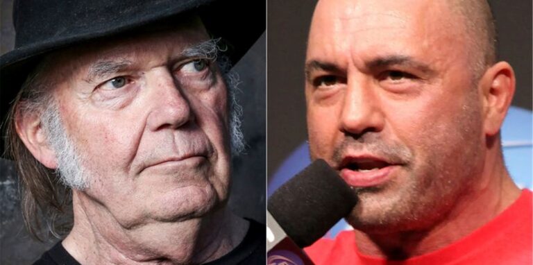 Rockstar Neil Young (l) hat Spotify wegen des Podcasts von Joe Rogan verlassen.