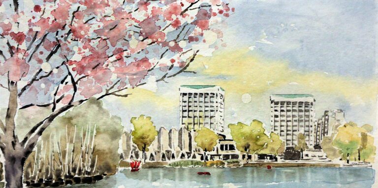 Eine Frühlingsansicht des City-Sees mit dem Marler Rathaus hat Manfred Vorholt für den neuen Kalender gemalt.