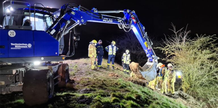 Einsatzkräfte von Feuerwehr und THW graben auf der Suche nach Mischlingshund „Jucy“ einen Tierbau auf.