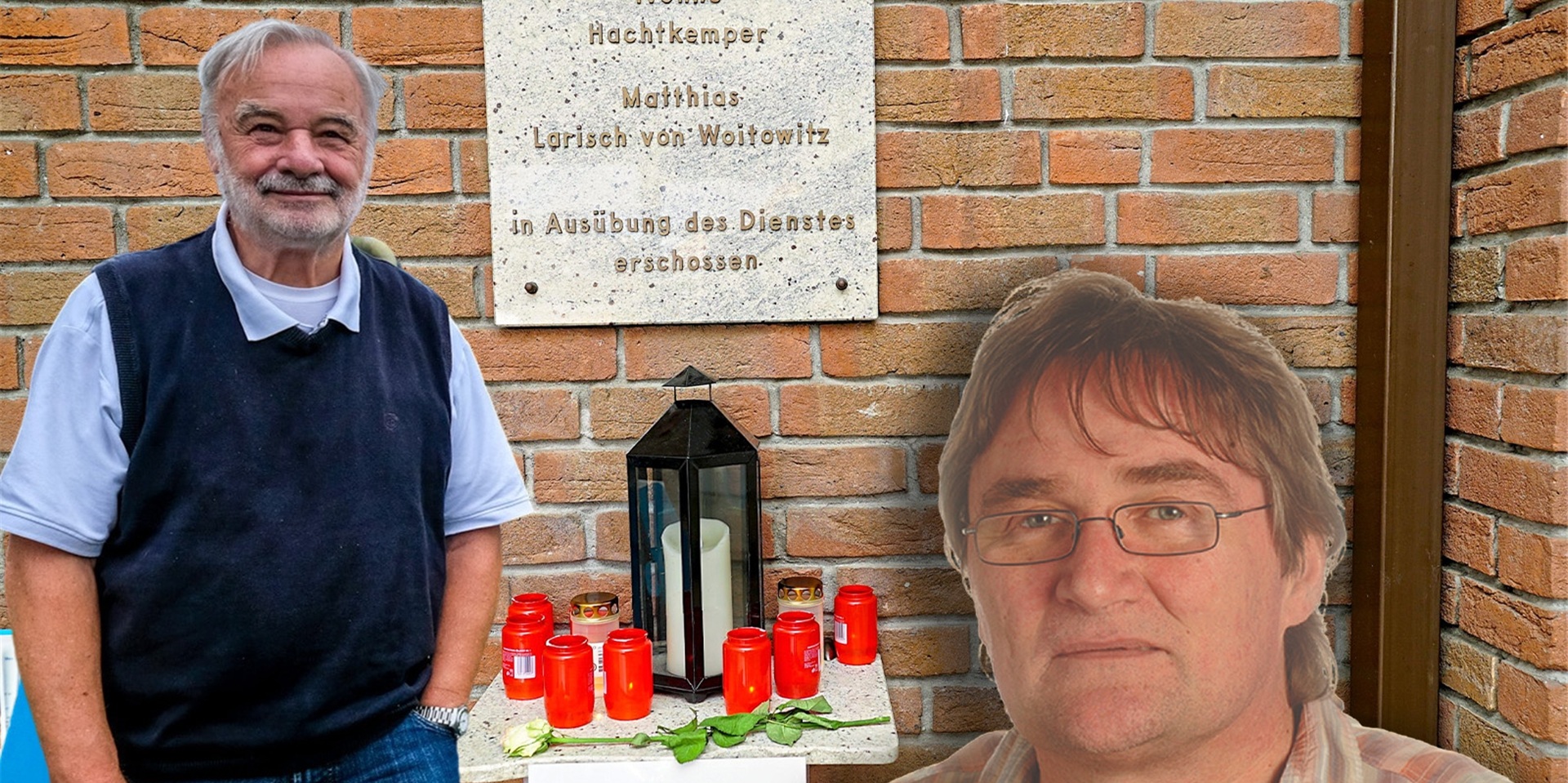 Rainer Köster (links) kannte seine ermordeten Kollegen in Waltrop persönlich. Michael Dittrich (rechts) war als Redakteur der Waltroper Zeitung live am Tatort. Heute erinnert eine Gedenktafel in der Polizeiwache in Datteln an die verstorbenen Beamten. Kerzen leuchten auch für die Opfer aus Kusel.