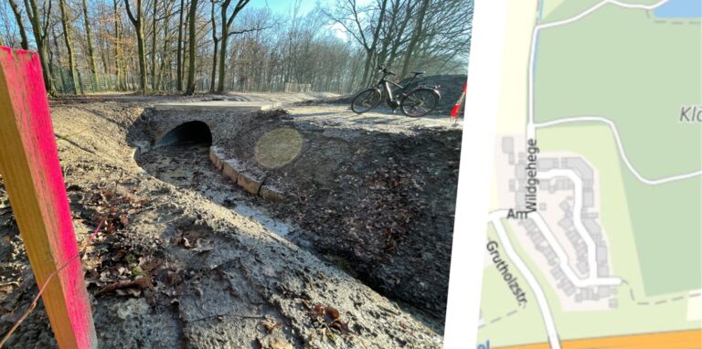 Der Rauxeler Bach hat ein neues Bett bekommen: Hier im Grutholz, direkt am Rande des Wildgeheges, wird der Spazierweg dadurch noch idyllischer – wenn alles fertig und wieder grün ist.