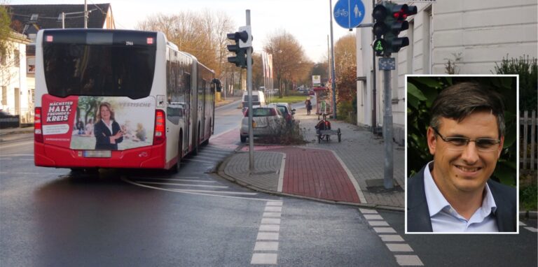 Patrick Berner, Sprecher des ADFC Herten, äußert sich kritisch zur Verkehrsführung an der Kreuzung Kaiserstraße/Distelner Heide.