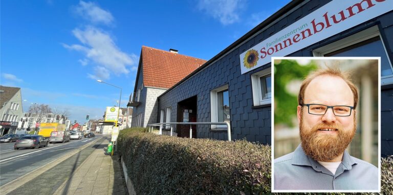 CDU-Ratsherr Matthias Waschk wundert sich über die Präsentation des Tempo-30-Konzepts vor dem ev. Familienzentrum „Sonnenblume“ an der „Blechecke“ in Langenbochum.