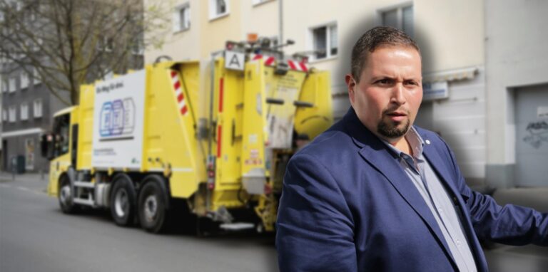 Marzouk Chargui, Ex-Chef des EDG-Konzernbetriebsrates. Ein Müllwagen im Hintergrund.
