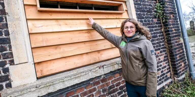 Ökologin Linda Froese von HeimatERBE vor den verrammelten Fenstern der alten Schmiede von Ewald Schacht 5. Fledermäuse können unter den Holzlatten allerdings hindurchhuschen und sich ein schattiges Plätzchen im Gebäude suchen.