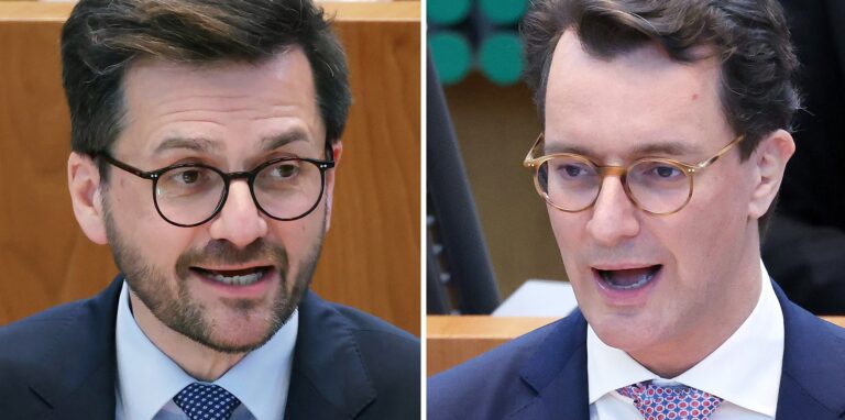 Der nordrhein-westfälische SPD-Vorsitzende und Landtagsfraktionschef Thomas Kutschaty (l) und Ministerpräsident Hendrik Wüst (r) sollen ihre Parteien als Spitzenkandidaten in den Landtagswahlkampf führen.