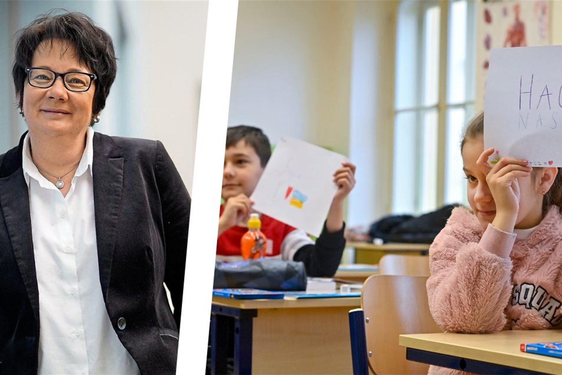 Auch in den Hertener Schulen werden ukrainische Kinder und Jugendliche beschult. Bei Schulleiterin Susanne Schäfer von der Grundschule Herten-Mitte (r.) sitzen bereits zwei Flüchtlingskinder im Unterricht.