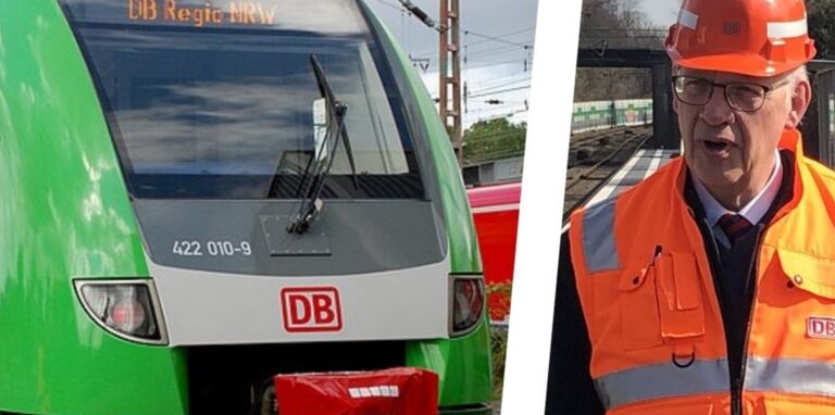 Der NRW-Chef der Deutschen Bahn, Werner Lübberink, kündigt den ersten Halt am neuen S-Bahnhof in Herten an.