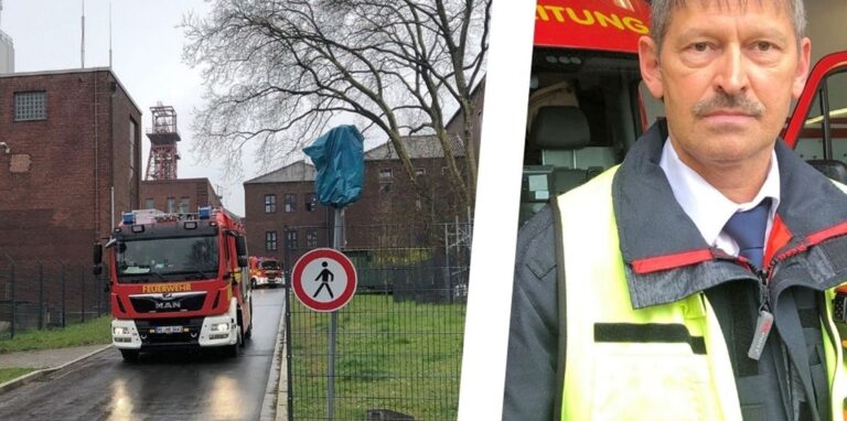 Zwei Einsatzfahrzeuge der Feuerwehr Herten auf dem Zechengelände Schlägel und Eisen.