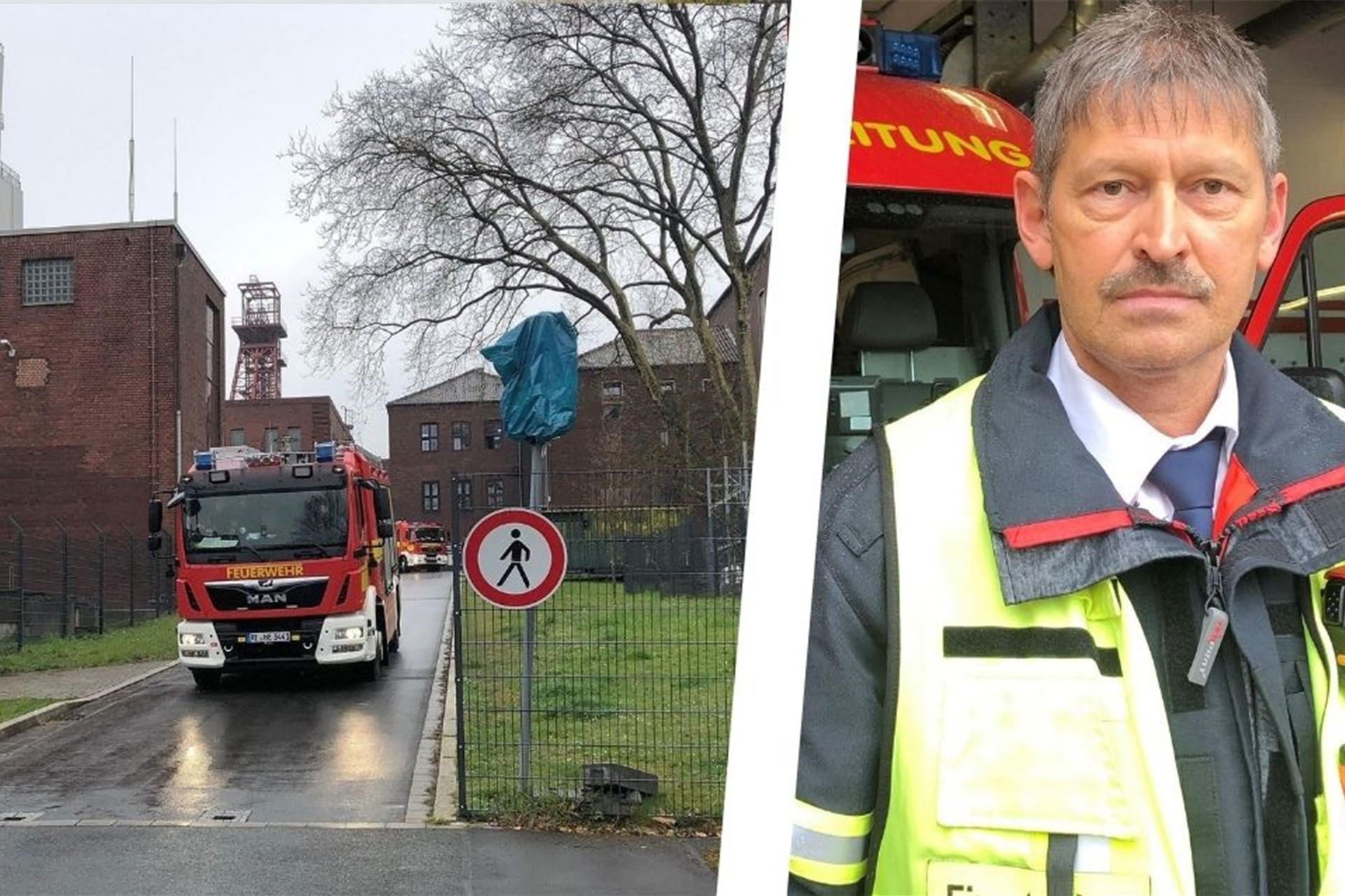 Zwei Einsatzfahrzeuge der Feuerwehr Herten auf dem Zechengelände Schlägel und Eisen.