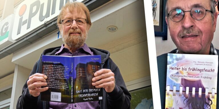 Oer-Erkenschwicks Autoren Eric Eaglestone (l.) und Volker Kosznitzki halten ihre Bücher in der Hand.
