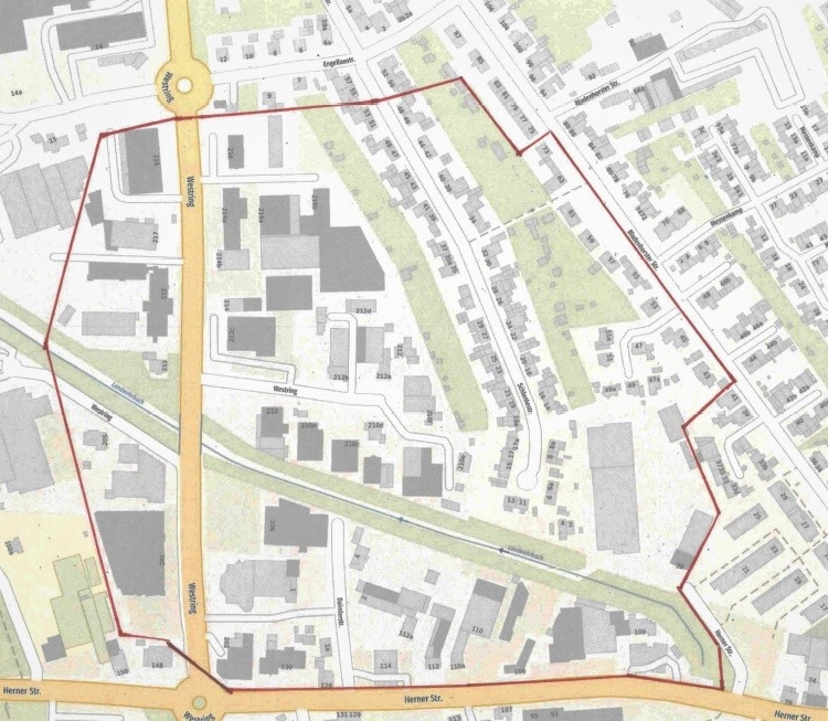 Dieser Radius muss evakuiert werden. Die Bombe wurde in der Nähe des Landwehrbachs gesichtet. Dieser Radius muss evakuiert werden. Die Bombe wurde in der Nähe des Landwehrbachs gesichtet.