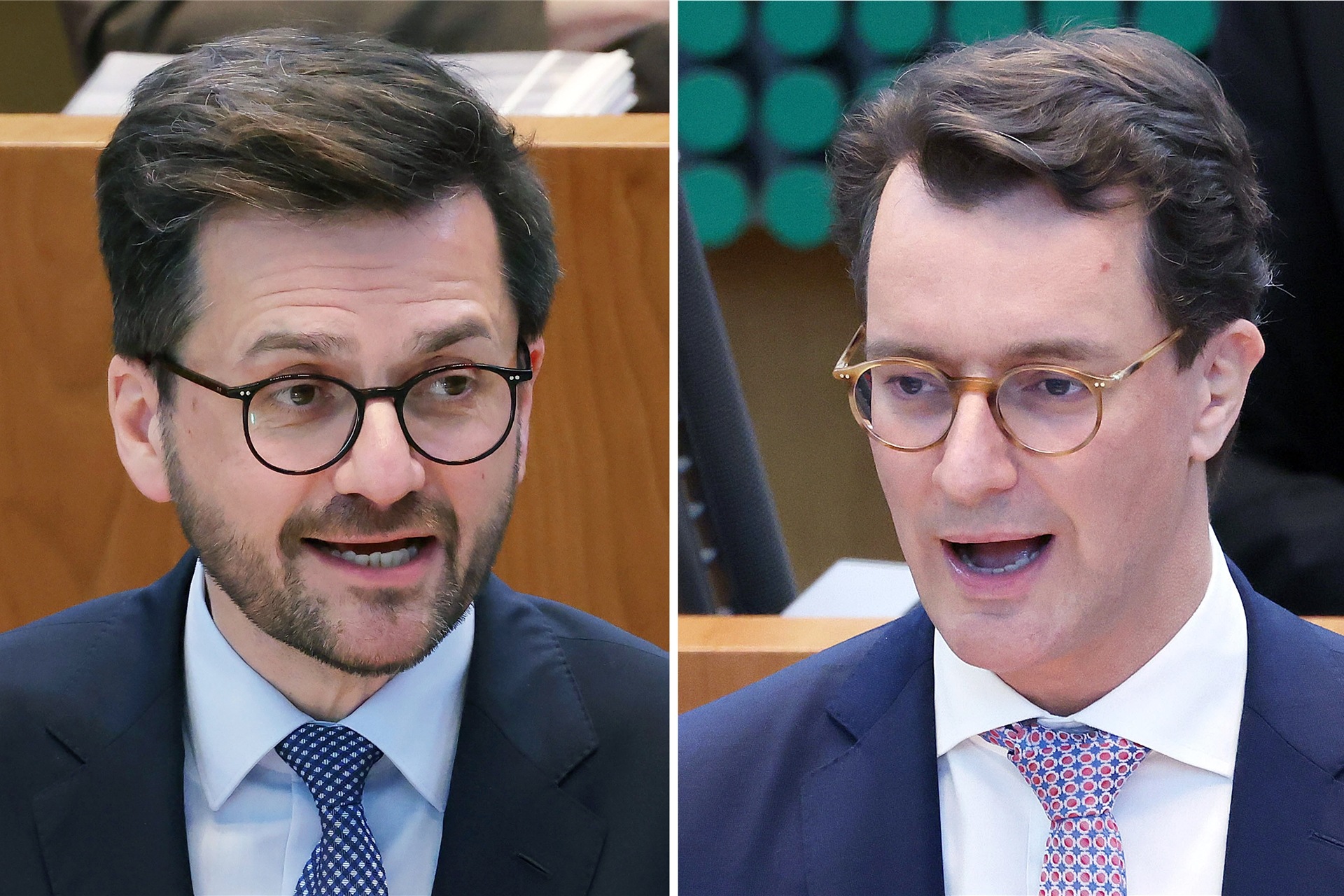 Der nordrhein-westfälische SPD-Vorsitzende und Landtagsfraktionschef Thomas Kutschaty (l) und Ministerpräsident Hendrik Wüst (r) führen ihre Parteien als Spitzenkandidaten in den Landtagswahlkampf.