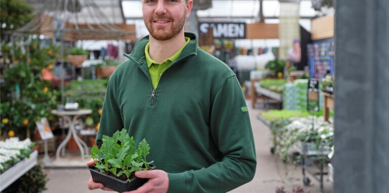 Jonas Hellerberg mit Gemüsepflanzen im Gartencenter FloraWelt.