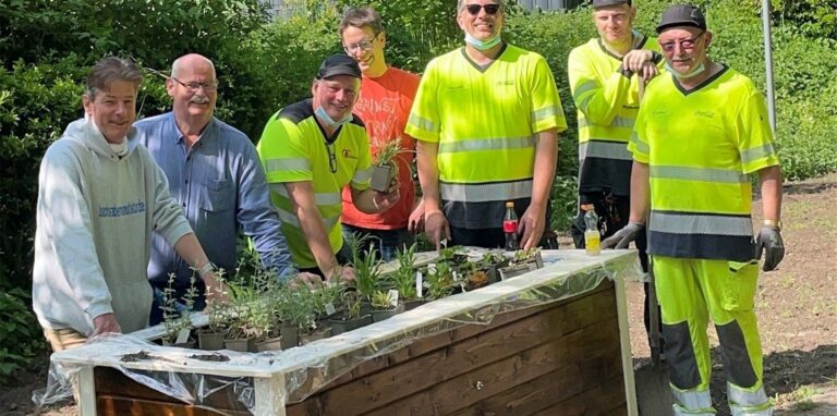 Männer stehen hinter einem Hochbeet.