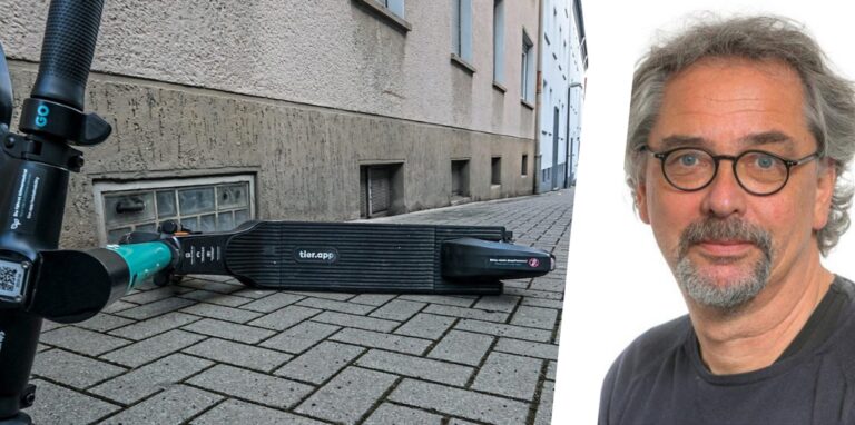 So kennt und hasst man sie: Ein Scooter, der von seinem Nutzer rücksichtslos mitten auf dem Gehweg liegen gelassen worden ist.