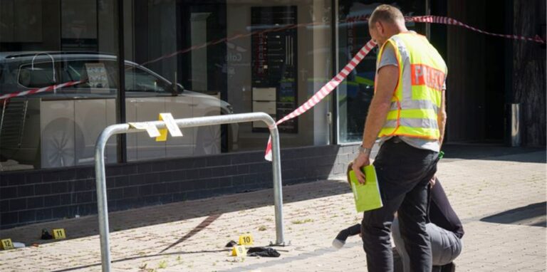 Ermittler der Spurensicherung arbeiten in der Innenstadt von Hanau vor einem Hochhaus, in dem ein totes Mädchen gefunden wurde. Auf der Straße lag ein schwer verletzter Junge – er starb später im Krankenhaus.