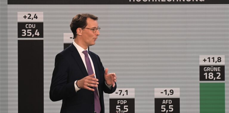 Hendrik Wüst, der bisherige NRW-Ministerpräsident und CDU-Spitzenkandidat für die Landtagswahl in Nordrhein-Westfalen, spricht in einem Fernsehstudio im Landtag am Abend der Landtagswahl in Nordrhein-Westfalen.