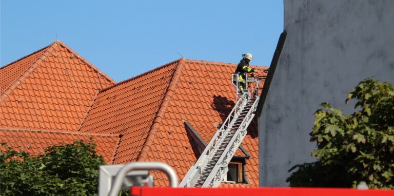 In der Regel kommt bei Tierrettungen vom Dach – so wie auf diesem Foto –  die Drehleiter zum Einsatz. An der Grimmstraße entschied sich die Hertener Feuerwehr allerdings für den Einsatz einer Steckleiter.