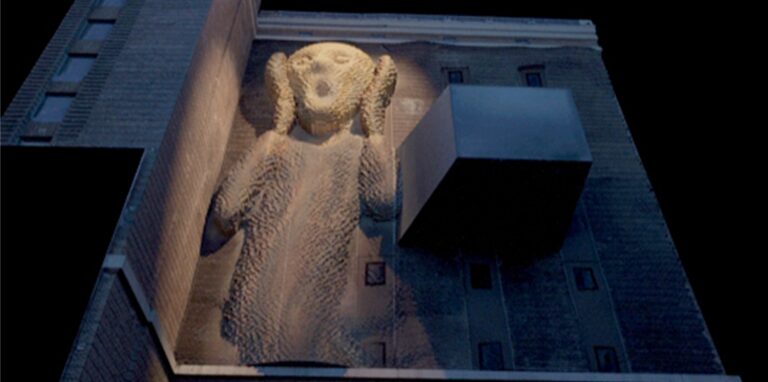 Szenen wie diese, wo die Figur aus Edvard Munchs Gemälde „Der Schrei“ dreidimensional aus der Fassade herauszuschweben scheint, tauchen in der Riesen-Projektion am Dortmunder U auf.