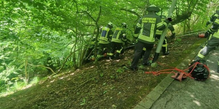 Patientenrettung der Feuerwehr aus Hang an der Burg Volmarstein in Wetter (Ruhr)