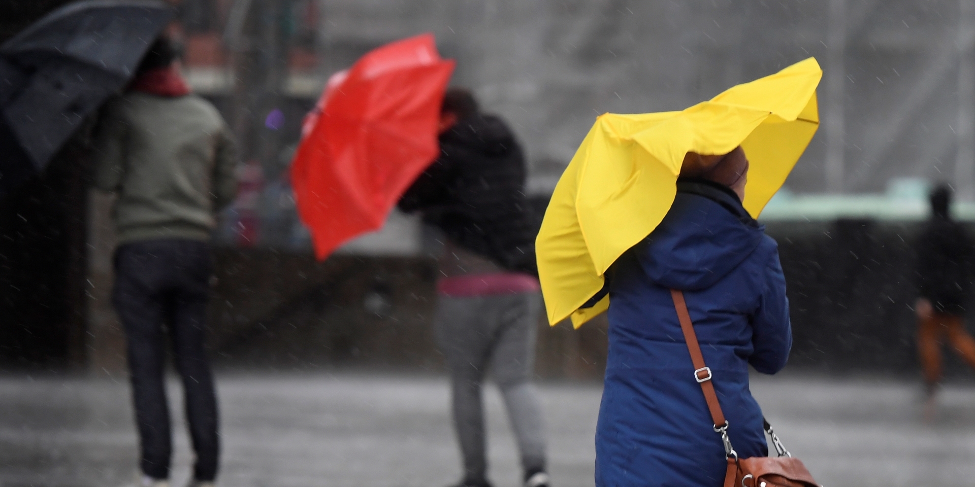Fußgänger kämpfen bei Wind mit ihren Regenschirmen.