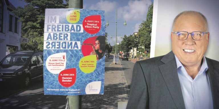 Montage: Plakate hängen auf der Bahnhofstraße in Waltrop, daneben der SPD-Fraktions-Vorsitzende Detlev Dick.