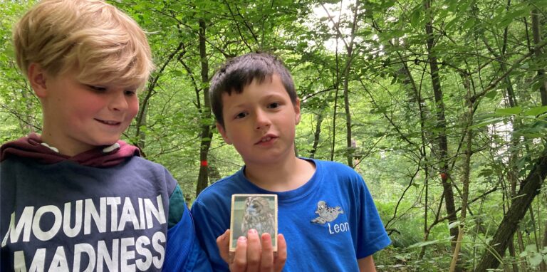 Station 1 erfolgreich absolviert: Die beiden Zehnjährigen David (l.) und Leon aus der Klasse 4b der Barbaraschule präsentieren stolz die Eulenkiste, die sie im Dickicht des Hertener Schlosswaldes gefunden haben.
