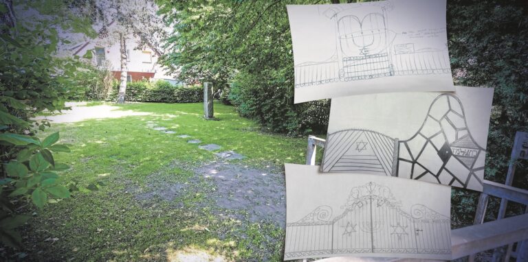 Montage: Im Hintergrund der alte Jüdische Friedhof in Waltrop, im Vordergrund drei Schüler-Entwürfe für das künftige Tor.