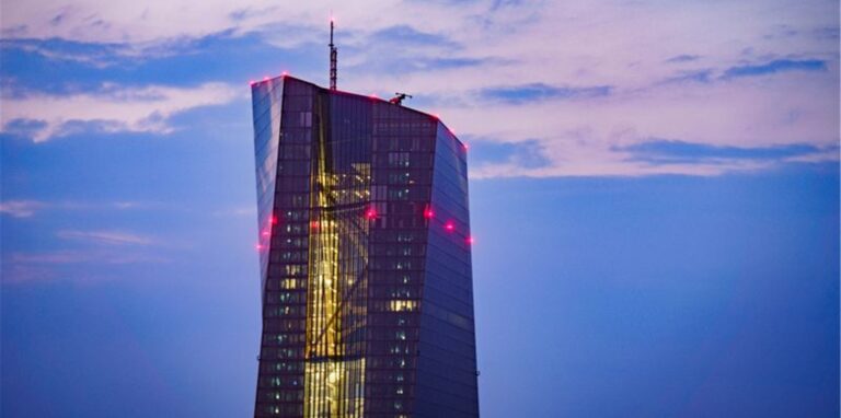 Die Zentrale der Europäischen Zentralbank (EZB) im frühen Morgenlicht.