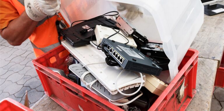 Ein Mitarbeiter eines Bauhofes vor einer Kiste mit kaputten Elektrokleingeräten.