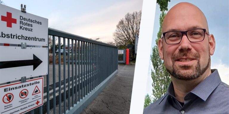 Montage: Links das Tor zum Abstrichzentrum des Deutschen Roten Kreuzes in Recklinghausen, rechts ein Foto von Jörg van der Groef, dem Leiter der Corona-Hilfe beim Deutschen Roten Kreuz Recklinghausen.