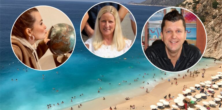 Der Strand von Kas in der Türkei: Das Urlaubsland ist Top-Reiseziel der Castrop-Rauxeler im Sommer 2022. Mehrere Reisebüro-Leiter aus Castrop-Rauxel, darunter Jasmin Kiwitz (v.l.), Sabine Friedrich und Dietmar Broll, bestätigen, dass es eine große Nachfrage gibt.