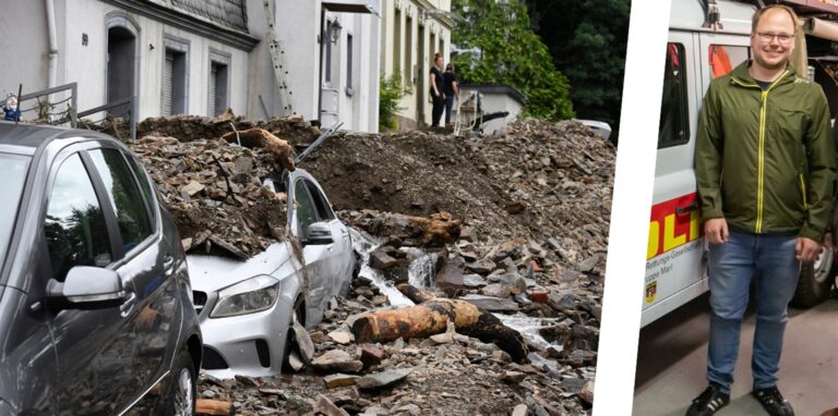 In Hagen wurde das Flüsschen Nahmer zum reißenden Fluss und verursachte große Schäden. Martin Gertz leistete als Strömungsretter der DLRG Marl Hilfe bei der Suche nach Vermissten.