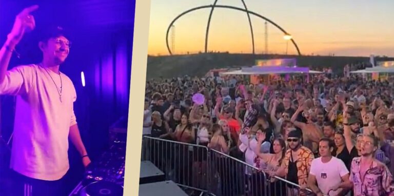 Als Höhepunkt des Sunset Picknicks begleitet Top-DJ Jonas Saalbach auf der Halde Hoheward Tausende tanzende Besucher in den Sonnenuntergang.