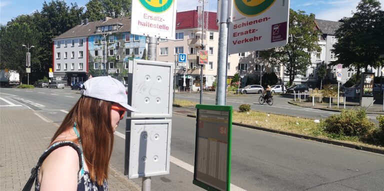 Carolin Dornbusch hat die Ersatzhaltestelle „Stadthaus“ nur durch Zufall gefunden und studiert nun den Fahrplan. Der Ersatzbus hält auf der Saarlandstraße auf Höhe der Haltestelle „Hainallee“.