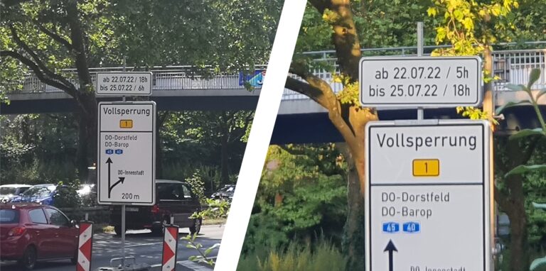 Hinweisschilder an der Bundesstraße 1 kündigten unterschiedliche Uhrzeiten für die Sperrung am Wochenende an. Montage: Nils Stachowiak