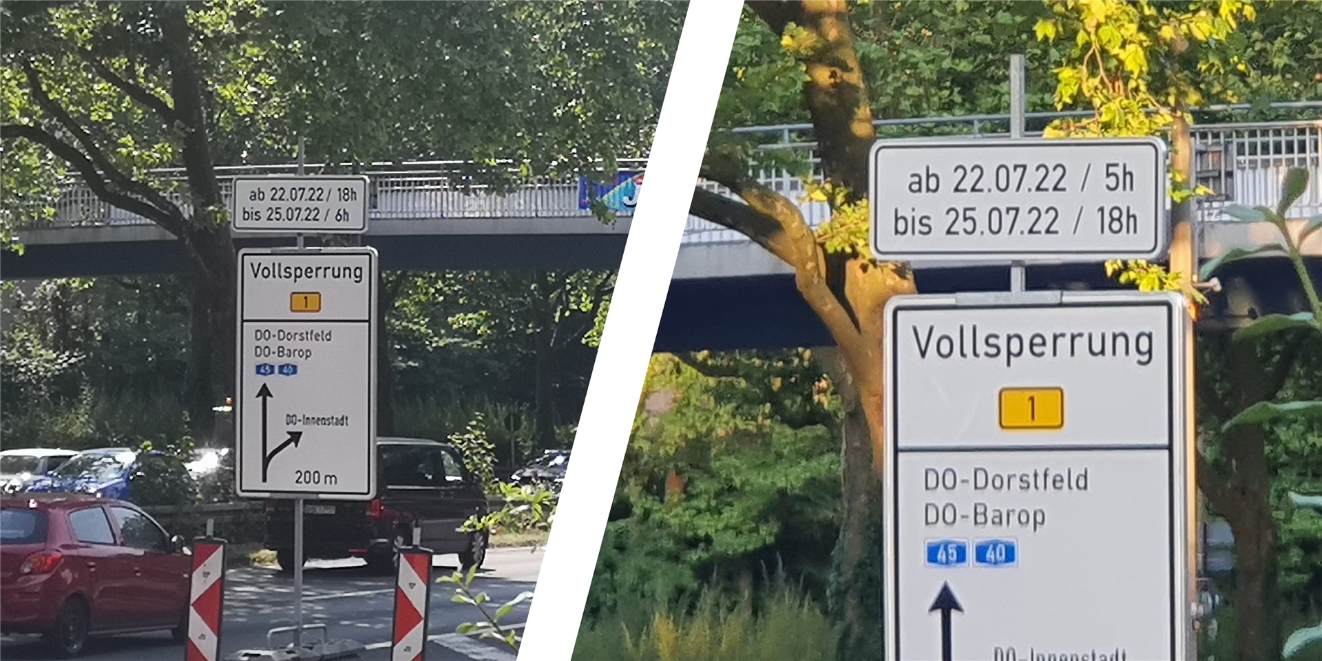 Hinweisschilder an der Bundesstraße 1 kündigten unterschiedliche Uhrzeiten für die Sperrung am Wochenende an. Montage: Nils Stachowiak