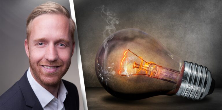 Eine Foto-Montage zeigt Lundquist Neubauer, Energieexperte des Vergleichsportals Verivox, und eine Glühlampe
