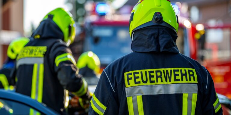 Feuerwehrleute stehen während einer Übung um ein Auto, das einen Unfall gehabt hat.