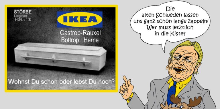 Unter SPD-Bürgermeister Johannes Beisenherz musste der Ikea-Traum an A42/B235 beerdigt werden, wie unser damaliger Karikaturist verdeutlichte.